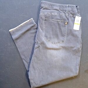 NEW! Democracy "Ab"solution High-Rise Vintage Skinny Jeans, Gray w/ Jeweled Hem
